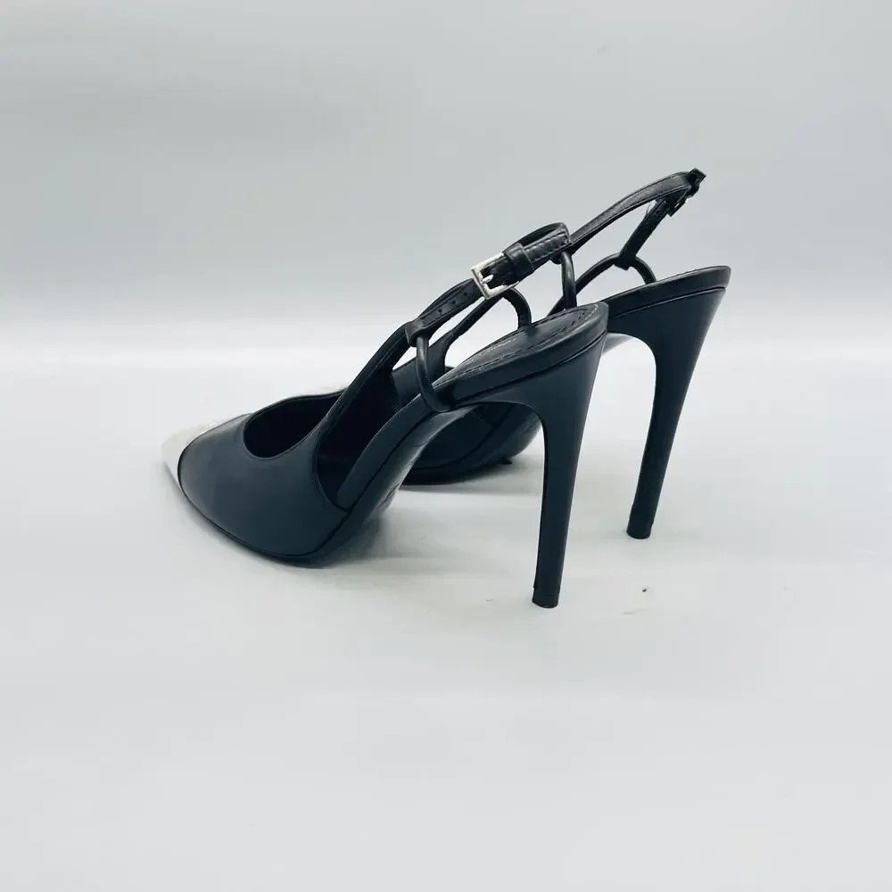 Louis Vuitton Shoes Womens 6.5 Black Leather Cap Toe Slingback Stiletto Heels - Picture 5 of 12
